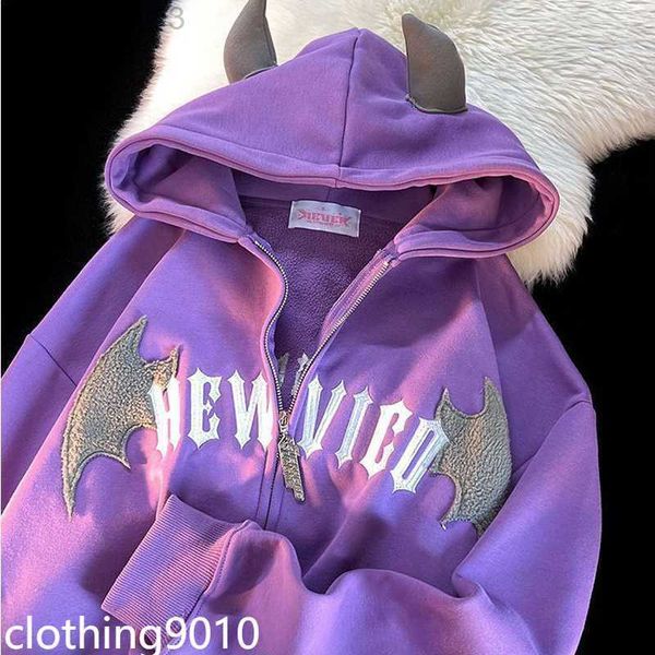 

men's hoodies sweatshirts hip hop dark bat wing devil horn gothic zip up hoodie jacket men women oversized sweatshirt kawaii clothes ha, Black