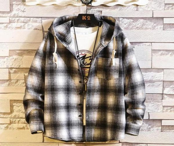 

men039s casual shirts men plaid brand with hoody long sleeves 2021 spring autumn shirt oversize m6xl4351843, White;black