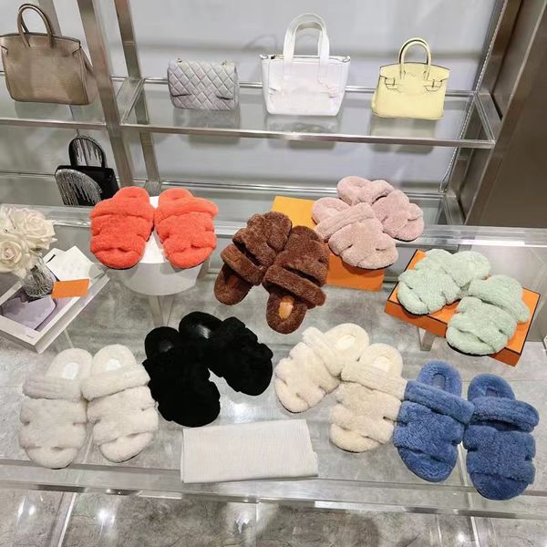 

luxury slipper designer trendy fur sandals ladies letters sandals comfortable fuzzy girl flip flop slipper four season fashion shoes female, Black