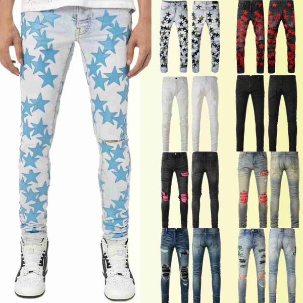 

am jeans designer jeans mens skinny jeans desig 22 colors pants long hippop sticker embroidery slim denim straight streetwear skinny pants w, Blue