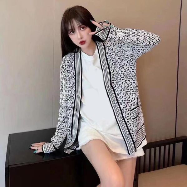 

fall designer women sweater high-end luxury f letter full printed button cardigan cardigan v-neck comfort and warmth, White;black