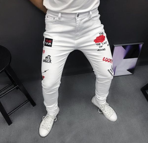 

men039s jeans white men stretch slim fit letter funny denim pants 2021 party casual street fashion rose embroidery for8603901, Blue