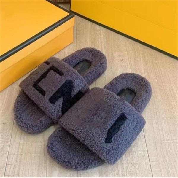 

fashion luxury slippers designer women wool sandals warm comfort slide woman shoes autumn winter scuffs sandal fur fluffy girl boots, Black