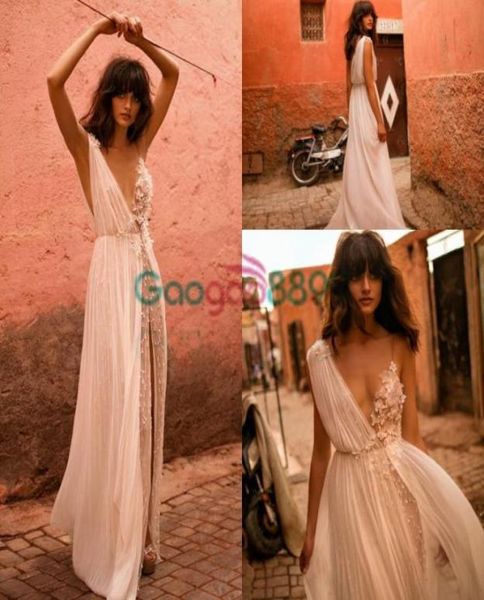 

liz martinez boho split wedding dresses 2019 vneck seethrough chiffon flower pearls aline beach wedding vestido de noiva p6105988222, White