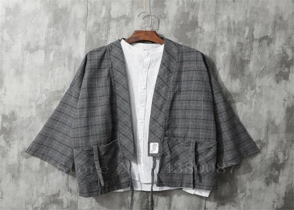 

men039s kimono japanese traditional style coat cardigan casual loose haori retro plaid samurai jacket asian clothing yukata eth7034286, Red