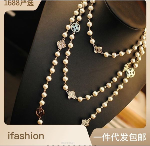 

pendant necklaces sweater chain long autumn/winter versatile korean rose gold electroplated double layer pearl necklace for women, Silver