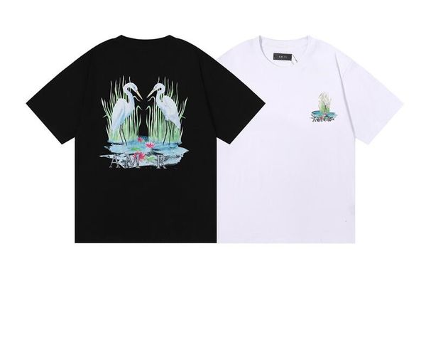 

a marisi men's short sleeve cross border fashion brand crane print letter logo casual loose large fashion short sleeve t-shirt, White;black