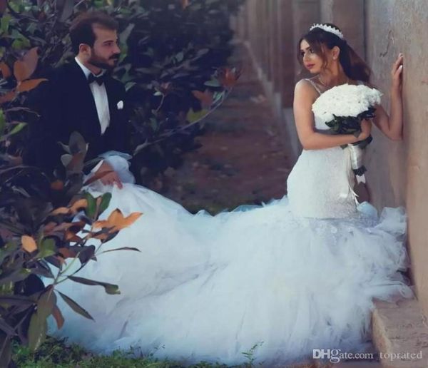 

lace new design sweep train 2020 mermaid wedding dresses spaghetti sleeveless backless tulle tiered skirts appliques wedding 9994307, White