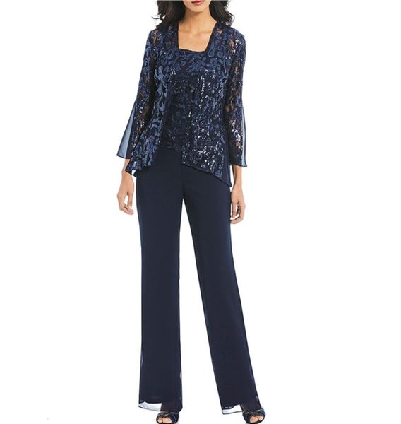 

navy blue three pieces mother of the bride pant suits spaghetti strap sequined and chiffon wedding guest outfit plus size party go2039175, Black;red