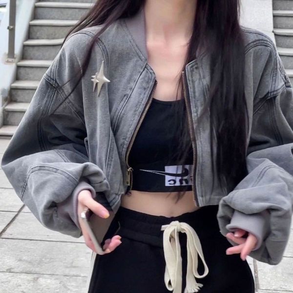 

women's jackets deeptown y2k grunge cross crop grey denim jackets women hippie streetwear 90s oversize zip jackets harajuku kpop coat f, Black;brown