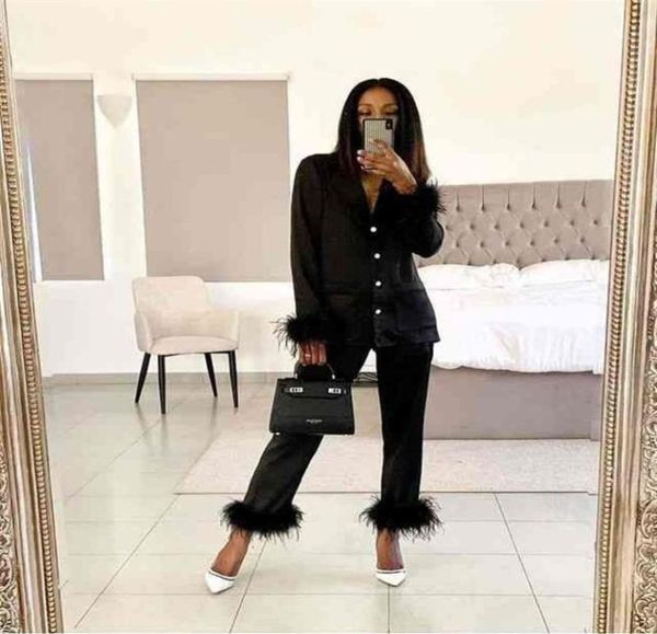 

women039s two piece pants chic feather detail lounge suits long sleeve button up slim set wpmen casual wool pajamas spj624281792, White