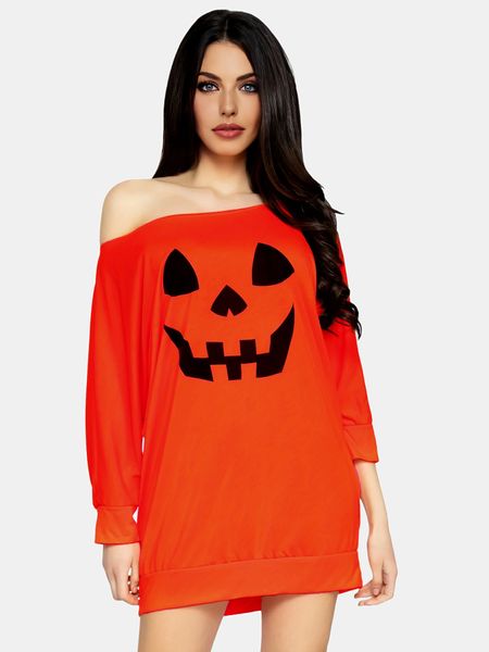 

halloween pumpkin smiling face spring and autumn women's loose long sleeve large round neck mid length shirt, White