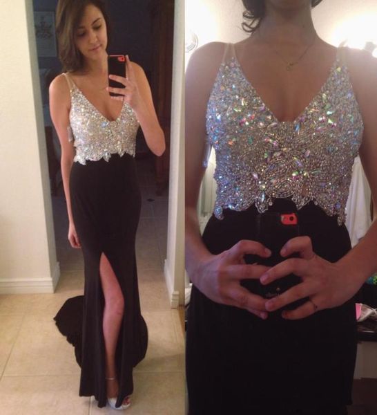 

2019 black mermaid prom dresses deep v neck crystals sheer straps backless chiffon side split formal evening dresses party go9906768