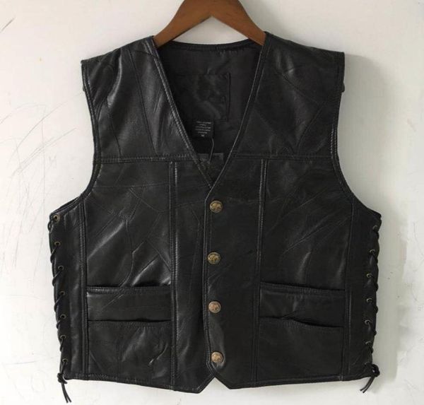 

black leather motorcycle vest for men genuine leather punk biker vest lace button autumn sleeveless jacket for men8017201, Black;white