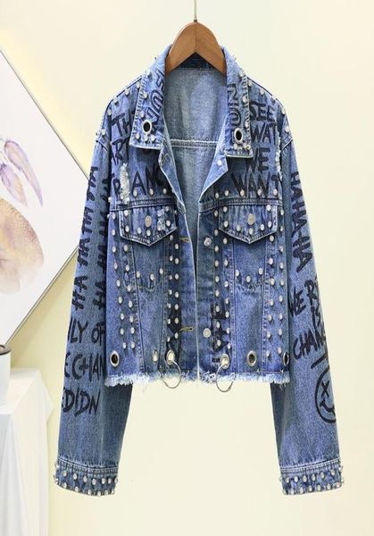 

women039s jackets spring autumn fashion handwork beading diamonds graffiti print denim jacket coat women outerwear holes short 2547772, Black;brown