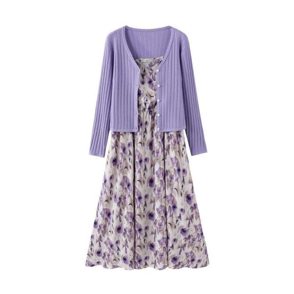 

large size womens clothing fat mm slimmer belly covering french floral dress purple refreshing knitted cardigan two, Black;gray