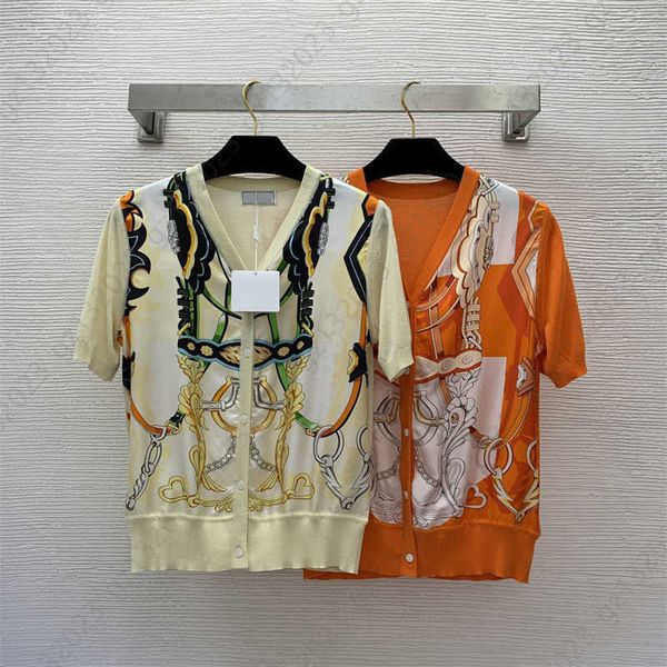 

summer knit t shirt plus size womens clothes front piece 19mm 100% silk twill patchwork belt loops vintage print v-neck tie button short sle, White