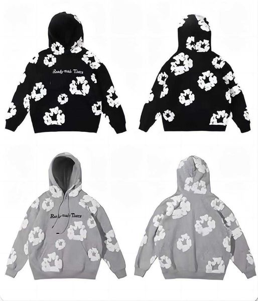 

falection mens readymade denim tears flower puff printed distressed hoodie sweatshirt men pullover yh, Black
