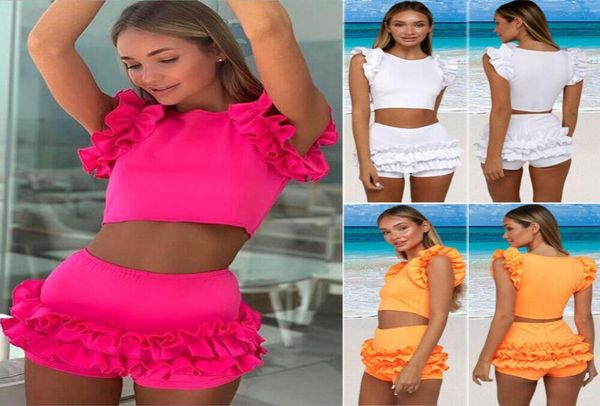 

solid bikini set sport women swimwear 2021 swimsuit 2pcs ruffle padded bathing suit tankini female casual beachwear women034915509, White;black