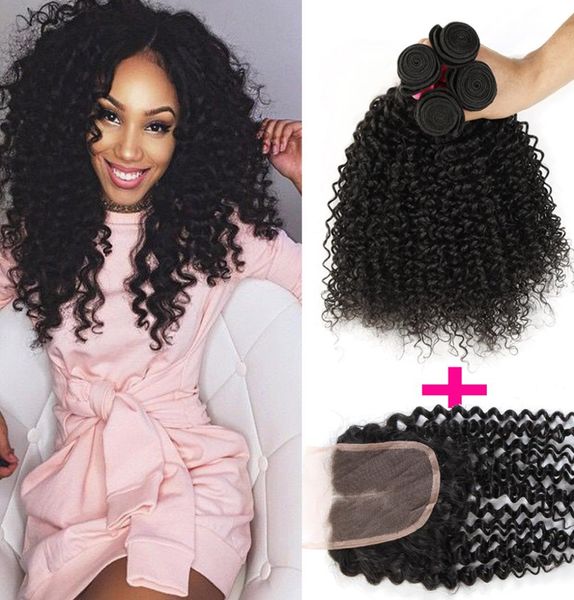 

remy peruvian hair 3 bundles with lace closure or middle part brazilian peruvian malaysian mongolian kinky curly virgin hair 5301183, Black