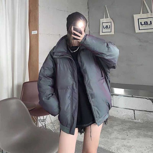 

feel of god esential double line laser reflective colorful thick cotton jacket high street, Black