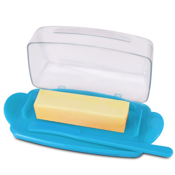 

butter dish with counterlid, durable plastic butter container with spreader knife, cute handle and flip lid design for easy access, non-slip