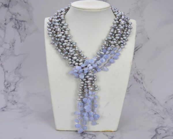 

guaiguai jewelry 3 strands gray pearl blue chalcedony agates long necklace handmade for women real gems stone lady fashion jewelle5161119, Silver