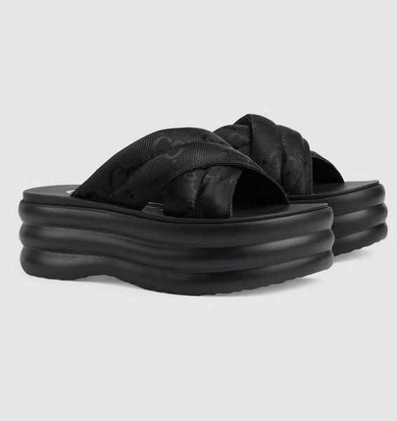 

summer brand womens platform slide sandals shoes padded nylon rubber sole mid-heel slip on flip flops lady casual walking eu35-40, Black