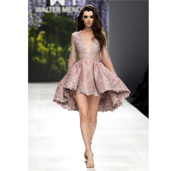 

mini short aline cocktail dresses plunging neckline long sleeves prom gowns appliques lace highlow prom party dress1136460, Black