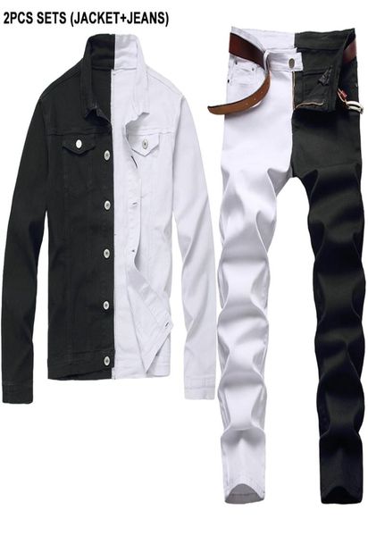 

stitching two color tracksuit autumn white and black men039s sets long sleeve denim jacket matching slim stretch jeans twopiec4443357, Gray