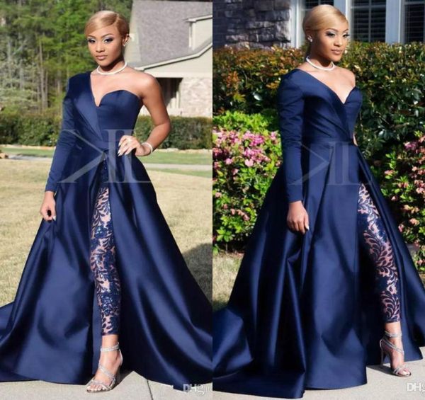 

navy blue evening dresses 2019 one shoulder sleeve jumpsuit prom gowns soft satin court train formal party dress6834997, Black