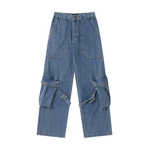 

big pockets washed blue black baggy jeans for men straight casual streetwear loose denim trousers cargos