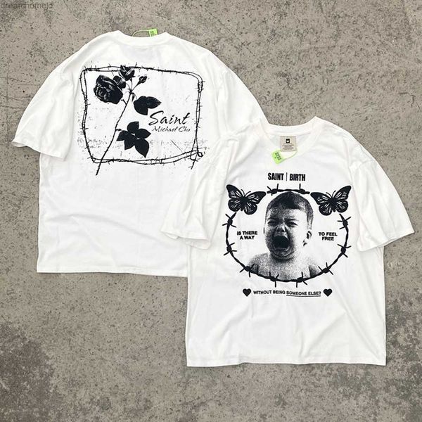 

new fashion streetwear saint michael vintage retro oversized loose summer cotton tee t-shirt for men, White;black
