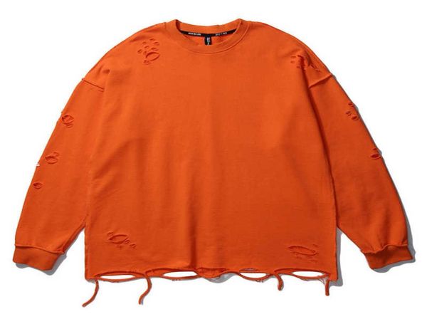 

mens ripped destroyed 100 cotton holes sweatshirts long sleeve oversize pullover hoodie 2020autumn male sweatshirts y2567708, Black