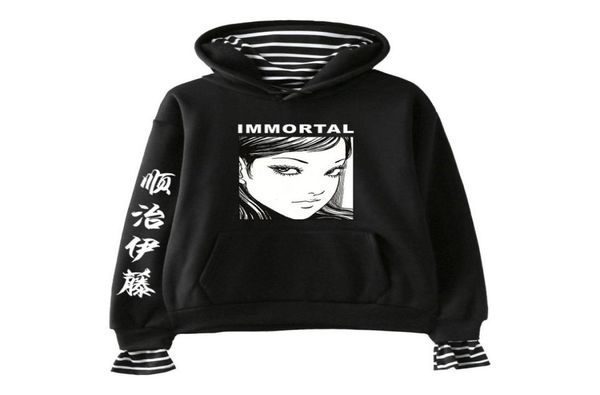 

horror comic junji ito hoodies women men fake two piece hooded sweatshirt harajuku streetwear hip hop pullover hooded jacket3477460, Black