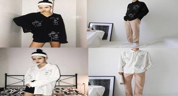 

autumn street wear women cotton white blouses line face print retro shirts casual long sleeve black blouse2235031