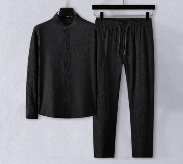 

men039s tracksuits 1 set autumn men pants pleated trousers solid color two piece stand collar relaxed fit shirt streetwear1665880, Gray