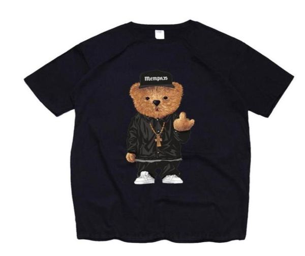 

2022 summer bear print shortsleeved tshirt male short sleeved summer casual loose oneck tees harajuku streetwear men t shirt3945685628206, White;black