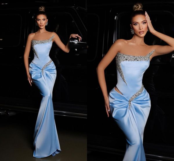 

elegant light sky blue plus size mermaid evening dresses for women strapless sequined beaded formal occasions wear prom party celebrity birt, Black;red