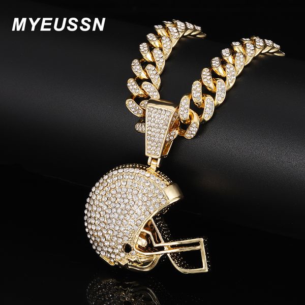 

pendant necklaces hip hop iced out bling rugby football helmet pendants necklace for men 13mm cuban link chain necklaces women jewelry gift, Silver