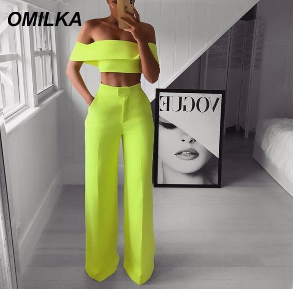 

stylish lady neon green 2 piece set women solid off the shoulder crop and wide leg pants 2019 summer two piece outfits6200497, Gray