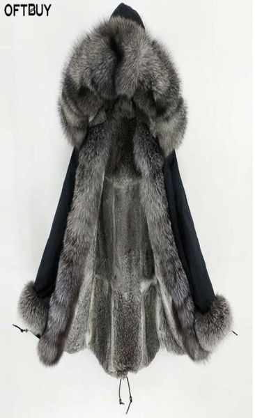 

oftbuy 2020 long parka real fur coat winter jacket women natural fox fur collar hood cuffs rabbit lliner thick warm outerwear3467469, Black