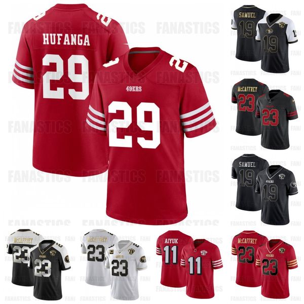 

75th 13 brock purdy niners football jerseys christian mccaffrey 49ers deebo samuel talanoa hufanga george kittle nick bosa trey lance warner, Black
