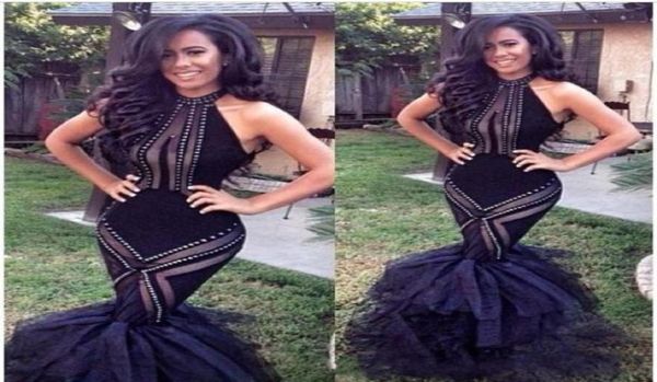 

black halter bodice mermaid prom dresses trumpet organza formal evening gowns with ruffles beading backless celebrity vestidos5547037, Black;red