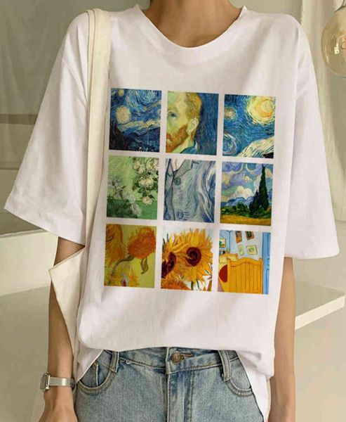

van gogh art painting t shirt new women funny shirt harajuku ullzang short sleeve print shirt op ees female fashion k8131234200, White
