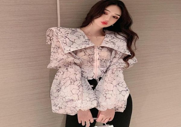 

women039s blouses shirts fashion vintage women 2021 spring autumn chiffon big lapel puff sleeve short slim chic wild 397185, White