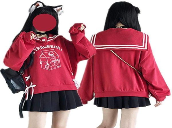 

women039s hoodies sweatshirts autumn harajuku strawberry milk print women sailor collar jk sweatshirt oversized split side ba8918204, Black