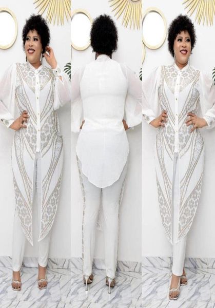 

women fashion two piece pants sets long sleeve crew neck crystal beading jacket and skinny pants plus size african womens5790010, White