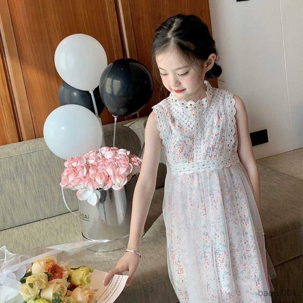 

girl's dresses gaun putri remaja perempuan musim panas baru gaun kasual anak perempuan floral pakaian anak-anak jaring renda pakaian an, Red;yellow