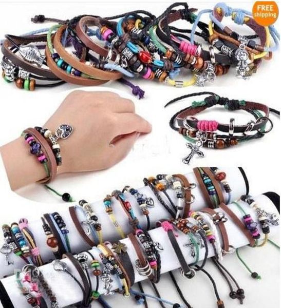 

mix order multi styles 50pcs* men women braid leather cord bead heart bracelet wristband hemp surfer3770441, Black